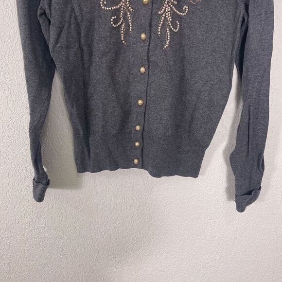 Field of Flower | Anthropologie Grey Jeweled & Pearl Beaded Cardigan Sweater - Picture 4 of 7